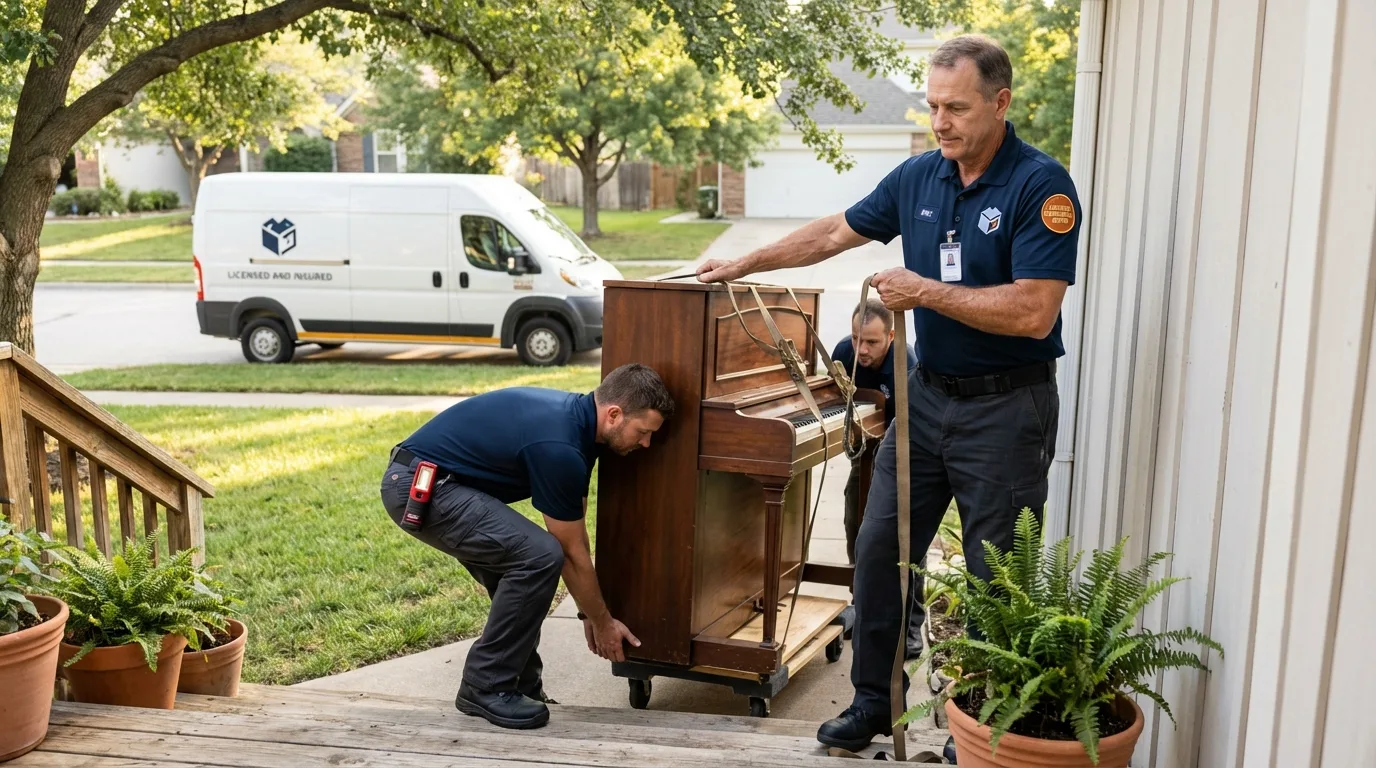 Licensed piano movers securing grand piano in Oakton, VA