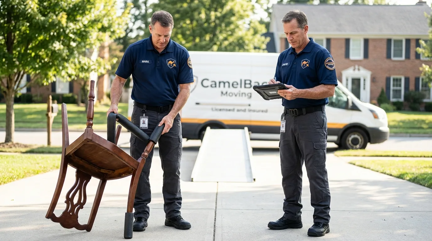 Movers inspecting furniture for damage prevention before loading in Oakton, VA