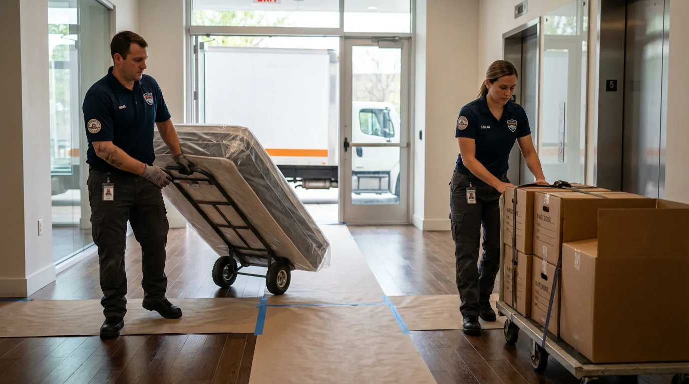 Professional apartment movers loading elevator in Oakton, VA
